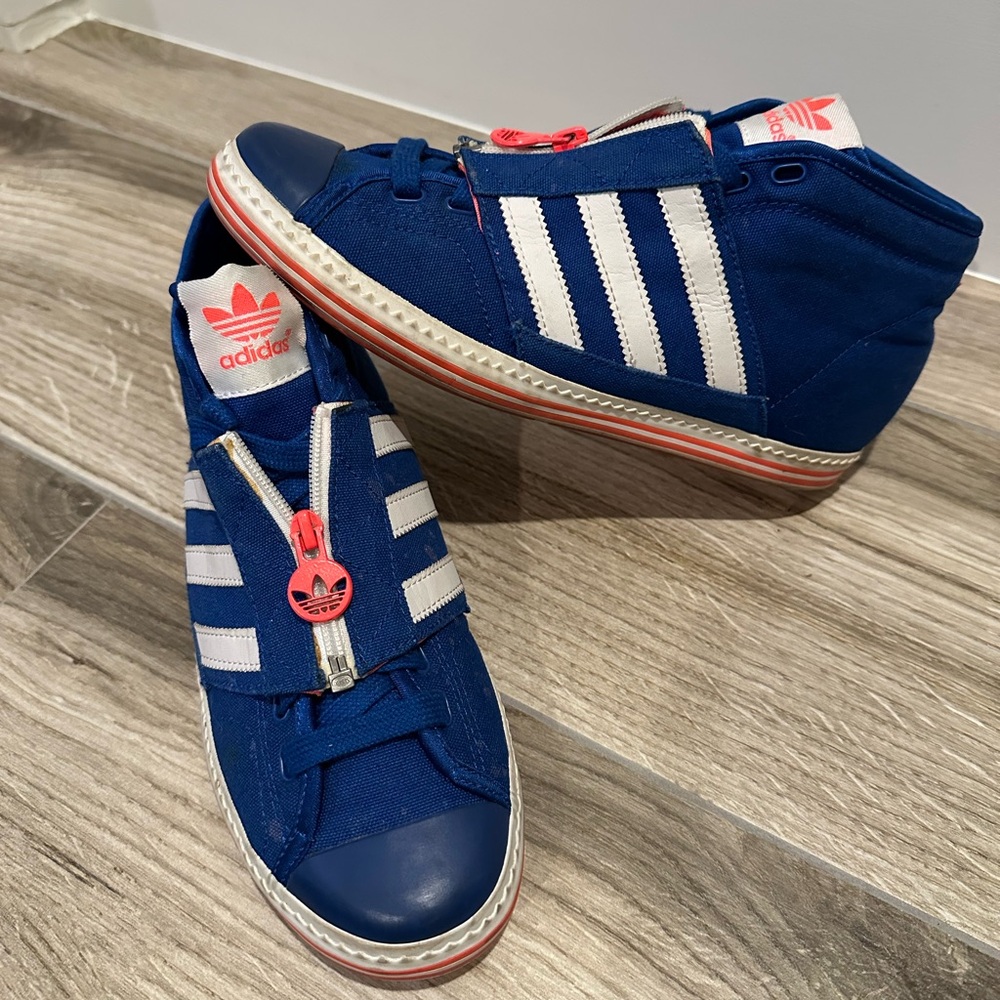 adidas Blue and White High-Top Sneakers with Pink Accents